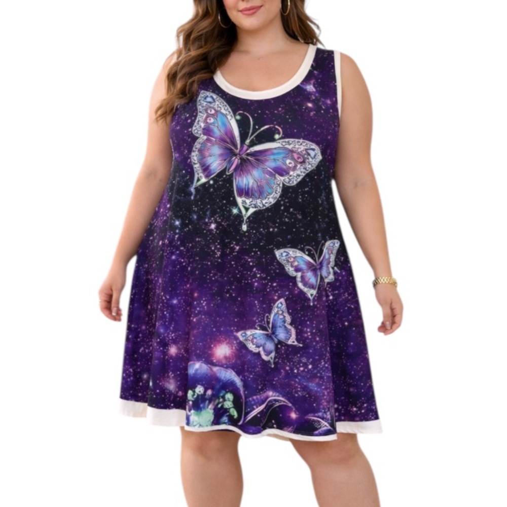 Plus size purple butterfly print sleeveless stretch shift dress size 5XL